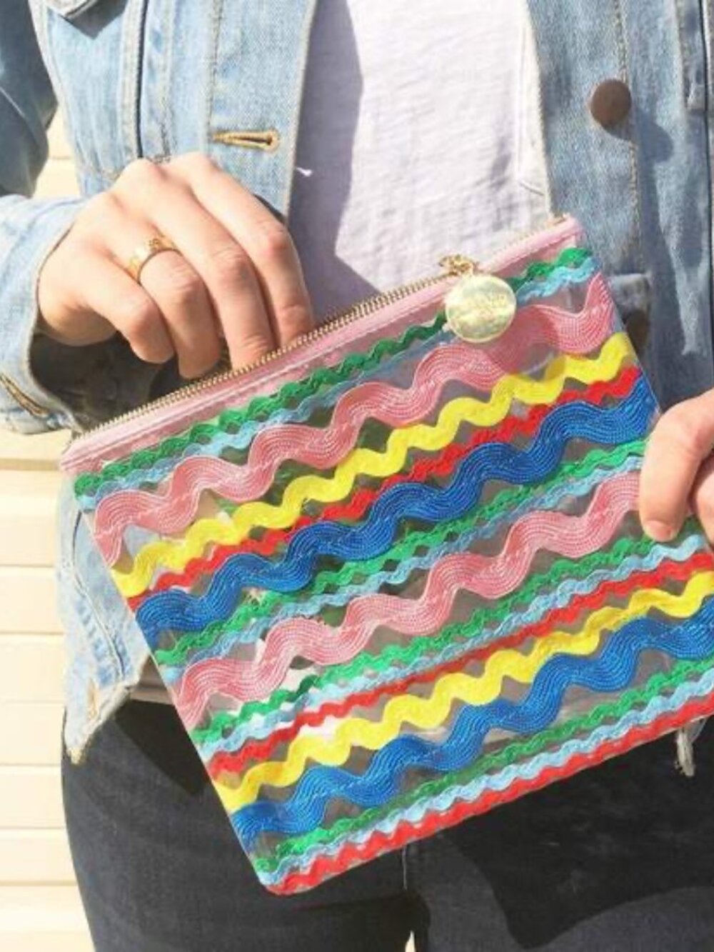 NWOT Packed Party Pink, Blue, Yellow & Green Wavy Stripe Clear Cosmetic Pouch